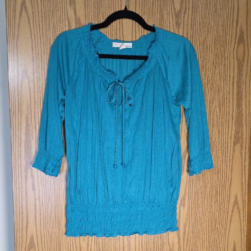 Derek Heart Teal Blouse with Ruffle Details